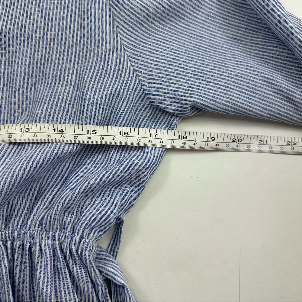 ZARA BLUE WHITE STRIPED LINEN BLEND RUFFLE BELTED DRESS WITH LACE TRIMS SIZE XS - Picture 5 of 8